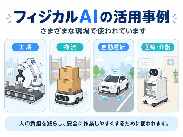 フィジカルAIが工場・物流・自動運転・医療介護で使われる例を説明した図解