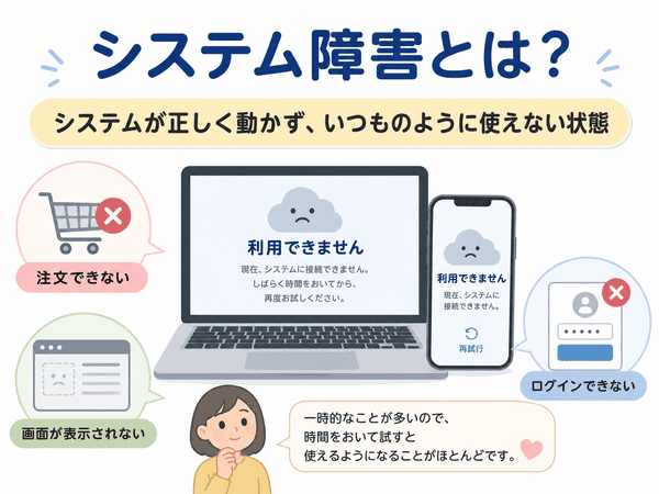 システム障害とは、システムが正しく動かず、いつものように使えない状態を示す図