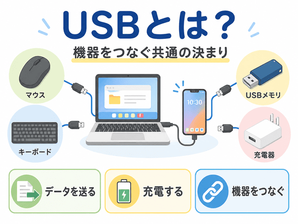 USBとは何かを、機器をつなぐ共通の決まりとして示した図