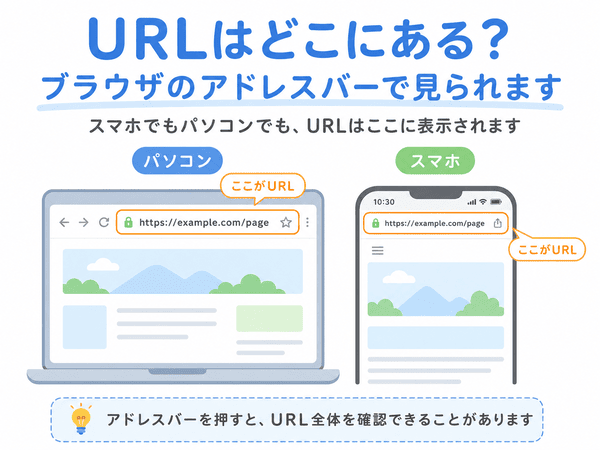 パソコンとスマホでURLが表示されるアドレスバーの場所を示した図解