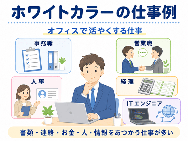 ホワイトカラーの仕事例として事務職や営業職などを示す図