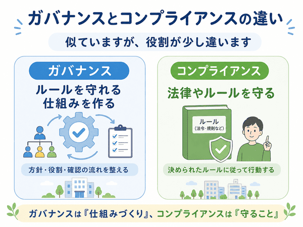 ガバナンスとコンプライアンスの違いをわかりやすく比較した図解