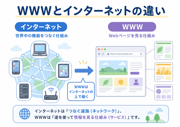 インターネットは機器をつなぐ仕組み、WWWはWebページを見る仕組みという違い