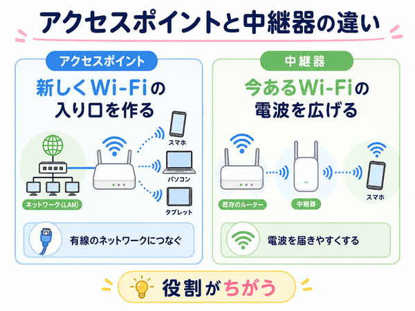 アクセスポイントと中継器の役割の違いを示した図