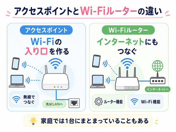 アクセスポイントとWi-Fiルーターの役割の違いを示した図