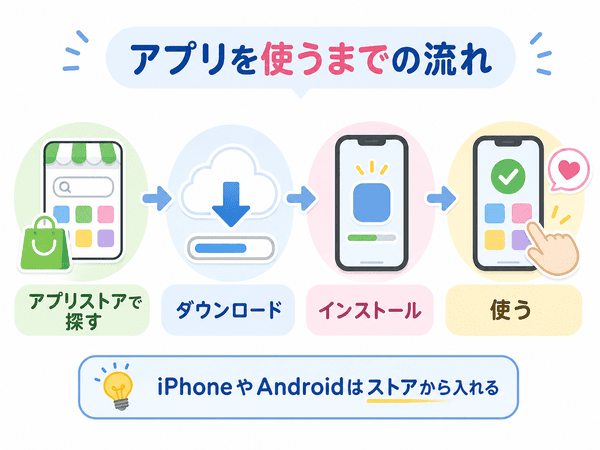 アプリストアで探して、ダウンロード、インストールして使うまでの流れを説明した図