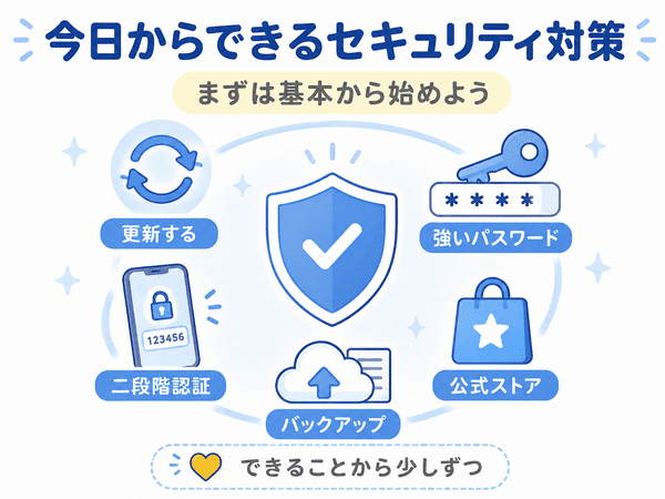 更新・強いパスワード・二段階認証・公式ストア・バックアップの基本対策を示した図解