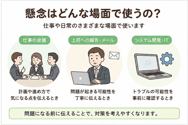 懸念を使う仕事の会議、上司への報告、システム開発の場面