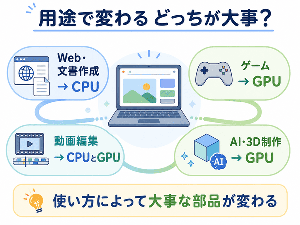 CPUとGPUのどちらが大事かを用途別に説明した図解