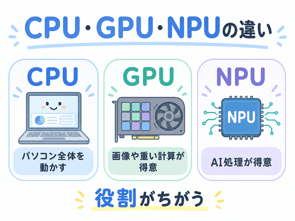 CPU・GPU・NPUの役割の違いを説明した図