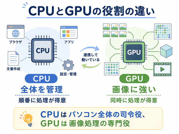 CPUとGPUの役割の違いを初心者向けに説明した図解