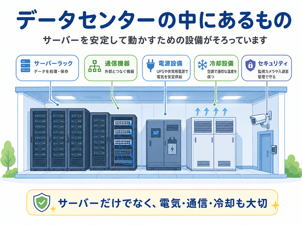 データセンター内のサーバー、通信機器、電源、冷却設備