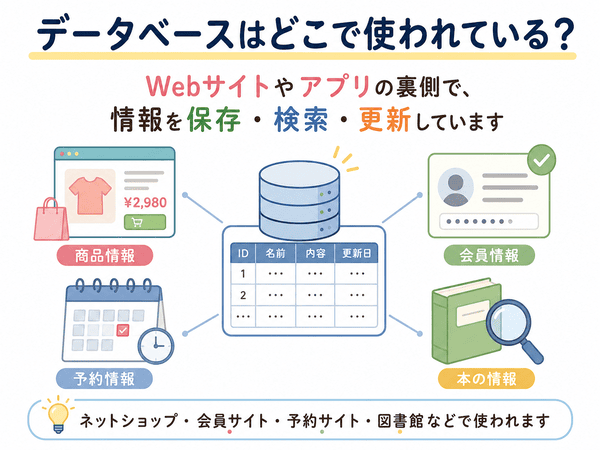 データベースがネットショップや会員サイト、予約サイト、図書館で使われる例