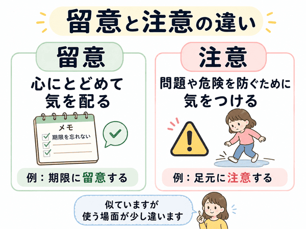 留意と注意の意味の違いと使い分けをやさしく比較した図