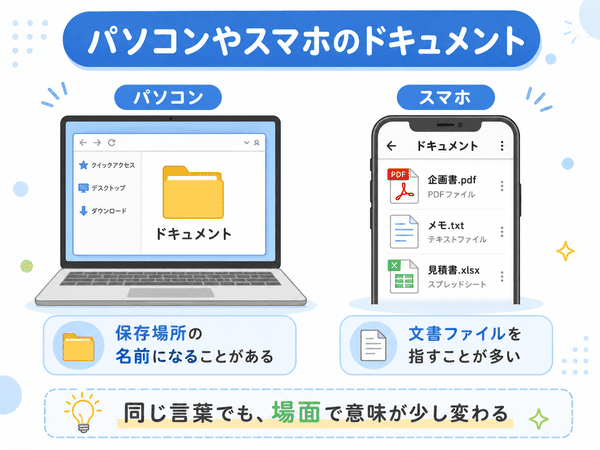 パソコンでは保存場所の名前、スマホでは文書ファイルを指すことが多いと示す図