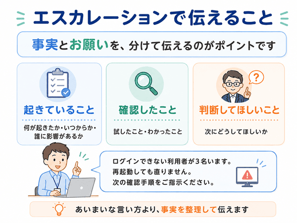エスカレーションで伝える起きていること・確認したこと・判断してほしいこと
