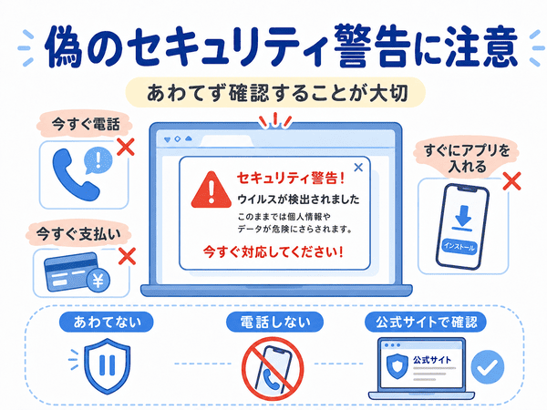 偽のセキュリティ警告が出たときは電話や支払いをせず公式サイトで確認することを示した図解