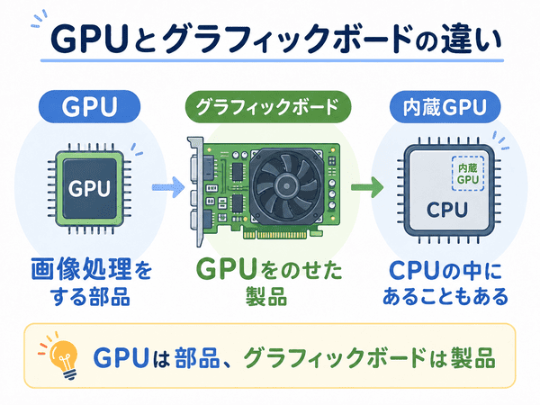 GPUとグラフィックボードと内蔵GPUの違いを説明した図解