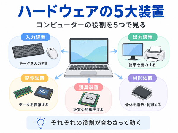 ハードウェアの5大装置を初心者向けに説明した図解