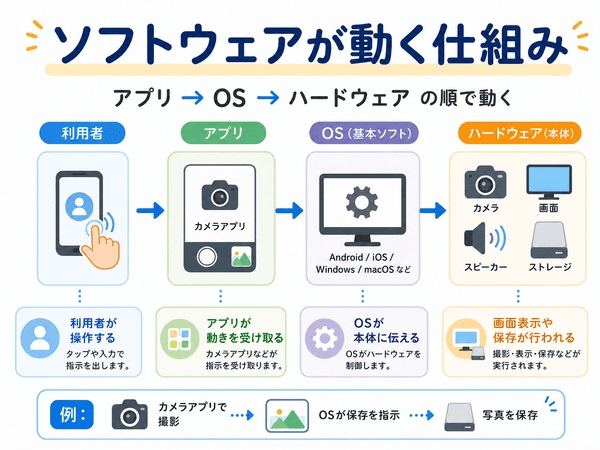 アプリからOSを通してハードウェアが動く流れを示した図