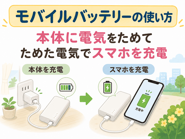 モバイルバッテリー本体に電気をためてスマホを充電する使い方