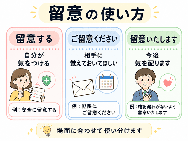 留意する、ご留意ください、留意いたしますの使い方を説明した図