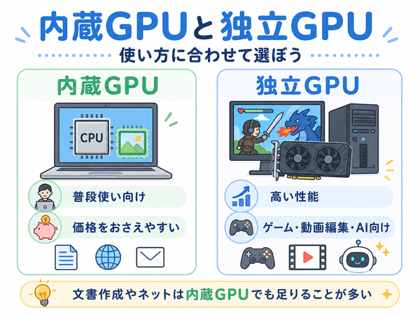 内蔵GPUは普段使い向けで独立GPUはゲームや動画編集などの高い処理性能が必要な用途向けであることを説明した図解