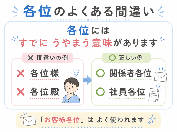 各位様と各位殿は避け、関係者各位や社員各位と書くことを示す図