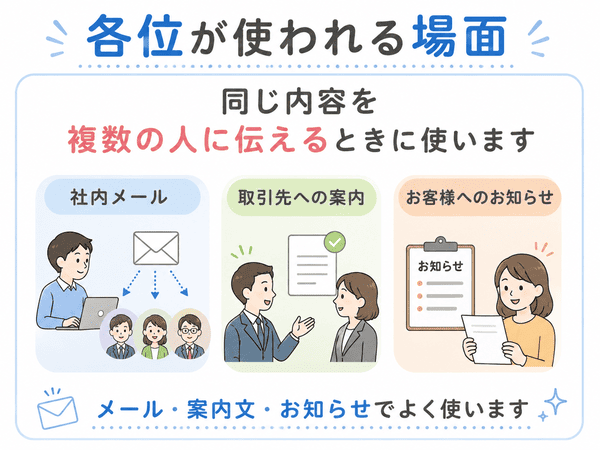各位が社内メール、取引先への案内、お客様へのお知らせで使われる場面