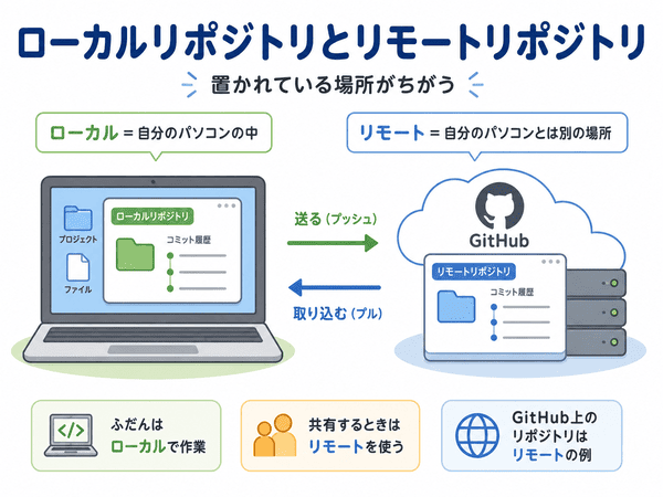 ローカルリポジトリとリモートリポジトリの違いを示した図