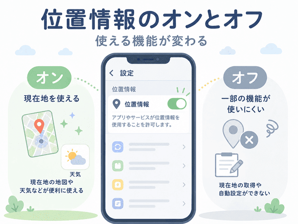 位置情報をオンにすると現在地を使え、オフにすると一部の機能が使いにくくなることを示した図解