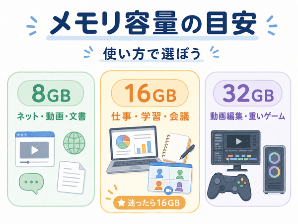 メモリ8GB・16GB・32GBの用途別の容量目安を示した図
