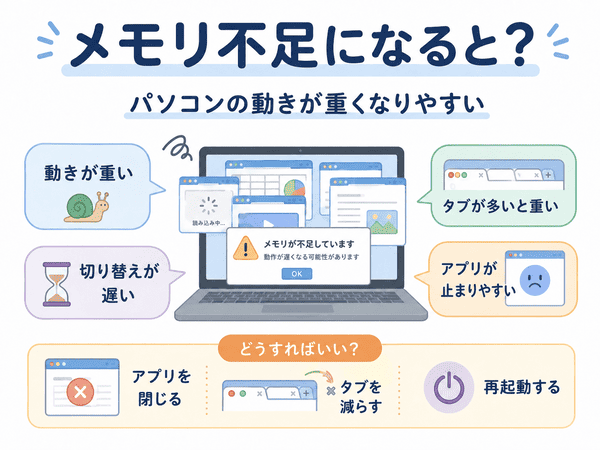 メモリ不足で動作が重くなる症状と基本的な対処法を説明した図