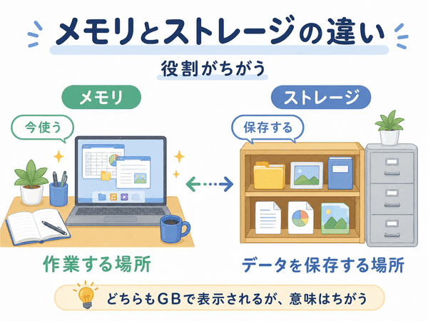 メモリは作業する場所、ストレージはデータを保存する場所であることを示した図