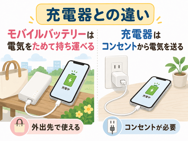 モバイルバッテリーと充電器の違い|電気をためて持ち運べるかどうか