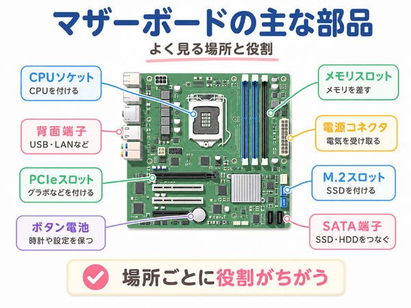 CPUソケットやメモリスロットなどマザーボードの主な部品
