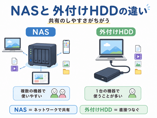 NASと外付けHDDの違いを、共有のしやすさの違いから説明した図