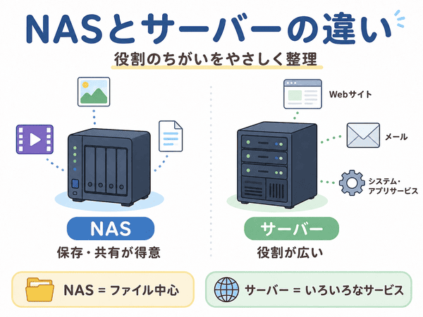 NASとサーバーの違いを、役割の違いから初心者向けに説明した図