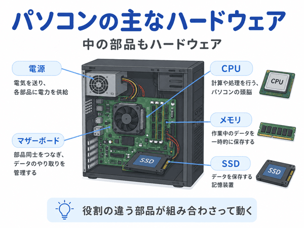 パソコンの主なハードウェアと内部部品を初心者向けに説明した図解