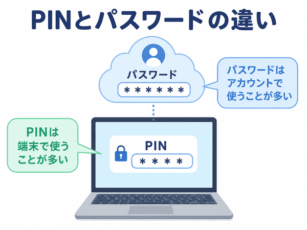 PINは端末、パスワードはアカウントで使うことが多いことを示す図