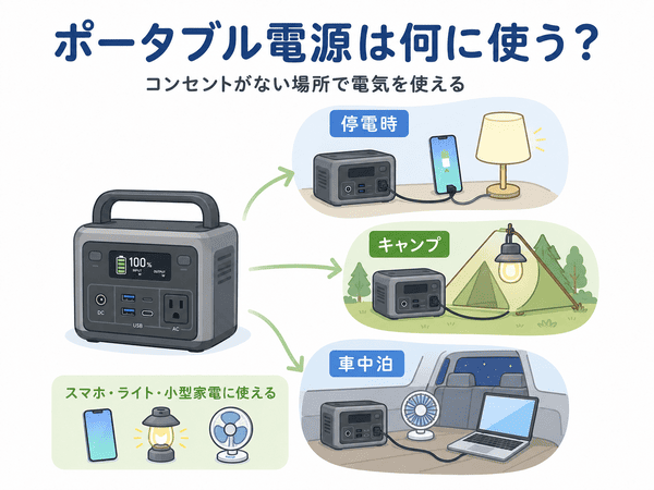 ポータブル電源を停電時やキャンプ、車中泊で使う例