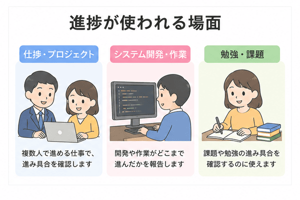 仕事やシステム開発、勉強で進捗を確認する場面を示す図