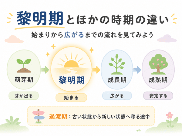 萌芽期・黎明期・成長期・成熟期の流れと過渡期の意味を示す図