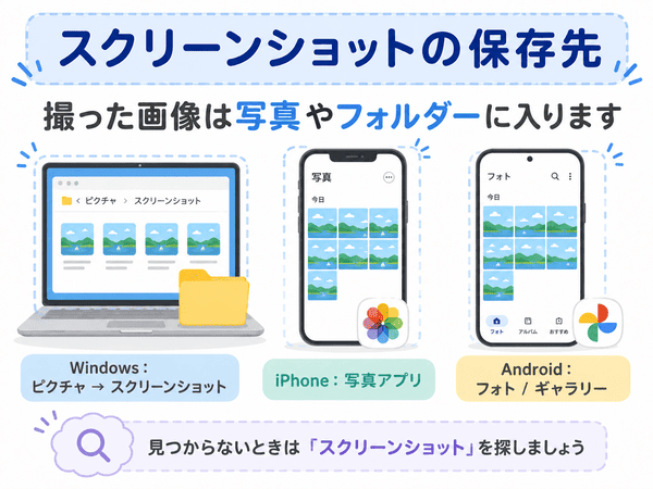 Windows・iPhone・Androidでスクリーンショットの保存先を確認する図