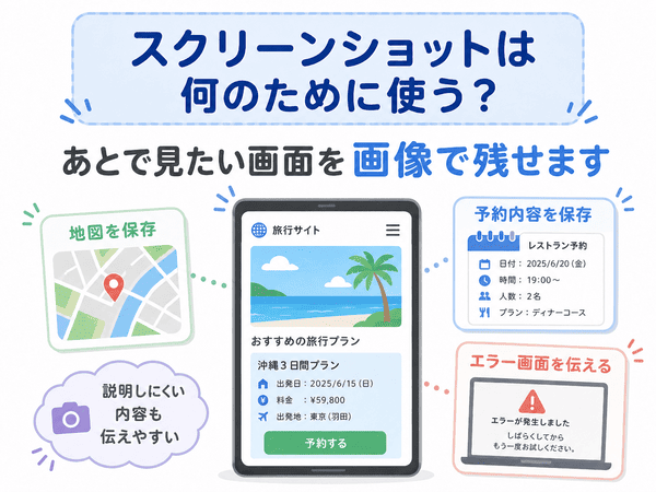 地図や予約内容、エラー画面をスクリーンショットで保存する使用例