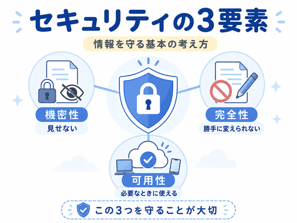セキュリティの3要素である機密性・完全性・可用性を初心者向けに説明した図解