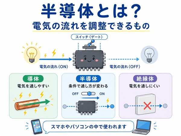 半導体とは条件によって電気の流れを変えられることを示した図