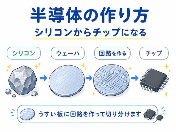 シリコンからウェーハを作り回路を形成して半導体チップにする流れを示した図