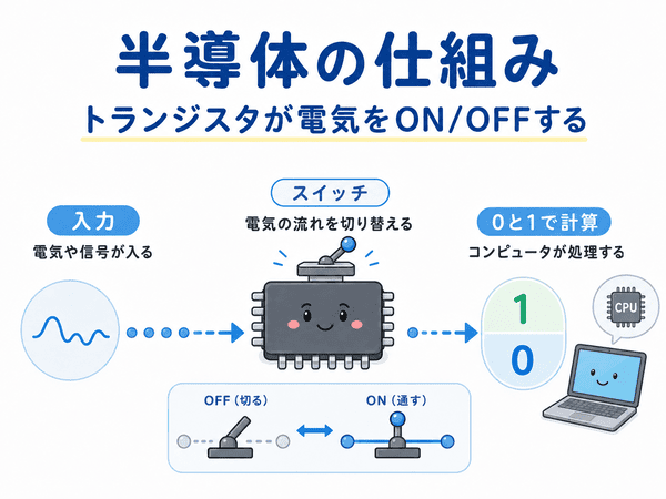 トランジスタが電気をオンとオフに切り替えて0と1を扱う仕組みを示した図
