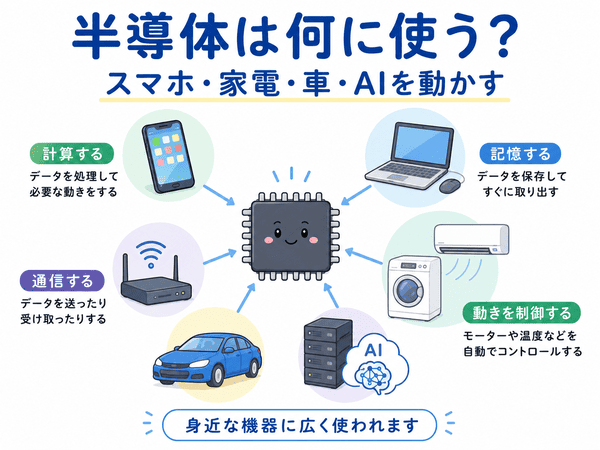 半導体がスマホやパソコン、家電、自動車、AIに使われる例を示した図